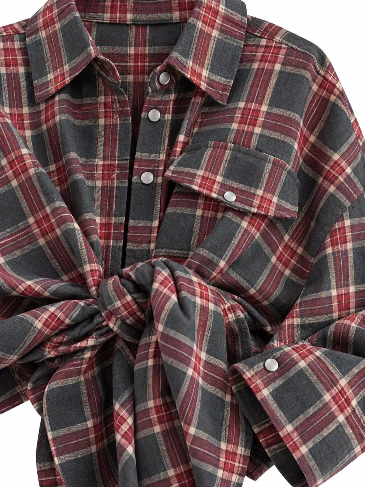 Dark Red plaid button up shirt, detail view
