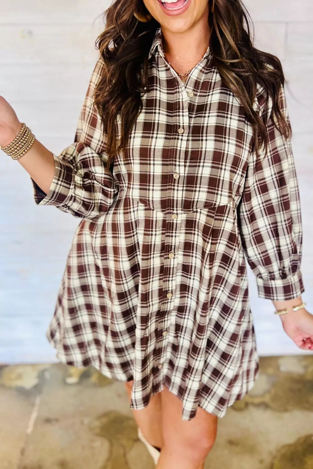 Trendsi Plaid Long Sleeve Short Shift Mini Dress -