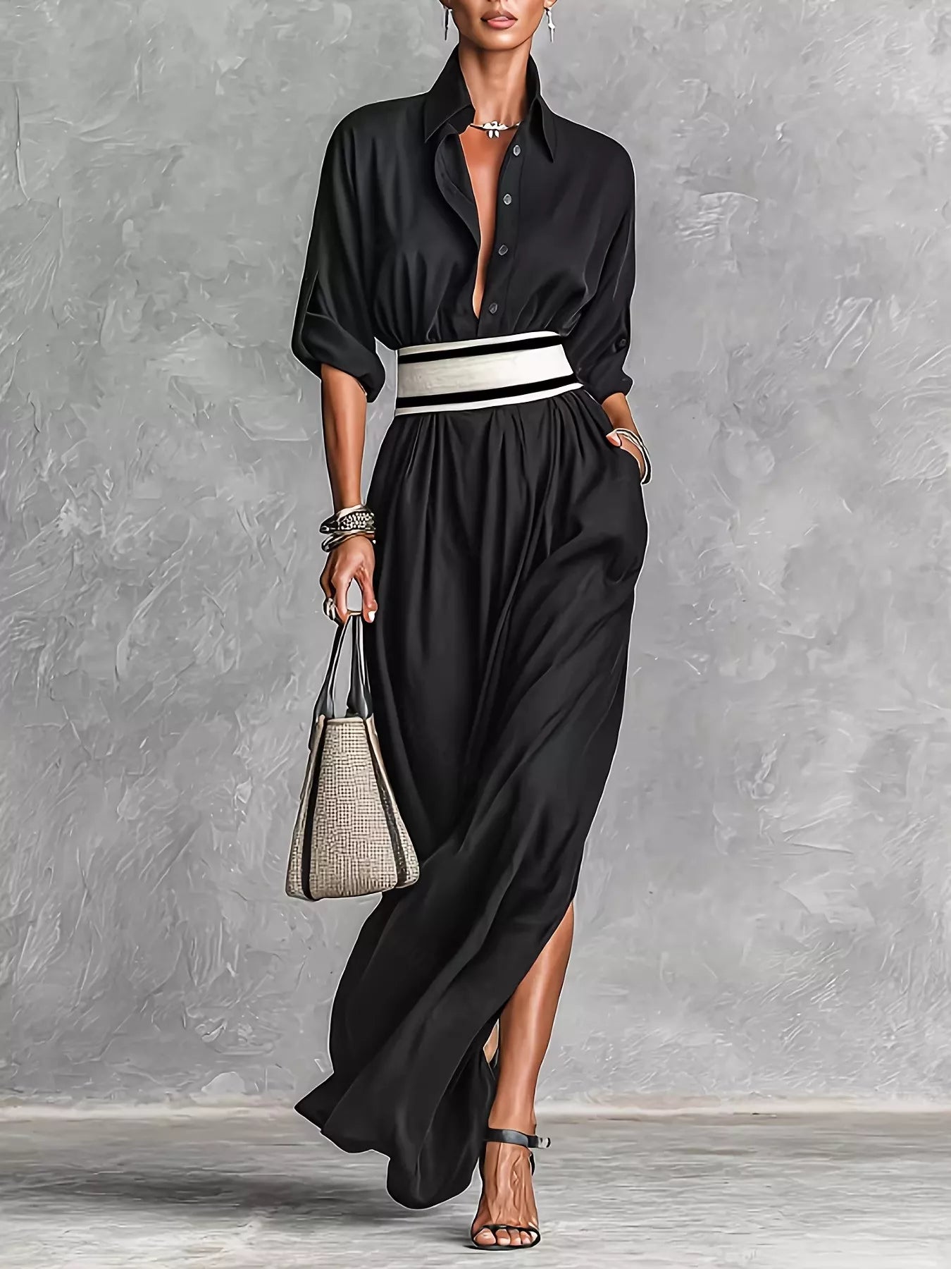 Trendsi Slit Roll-Up Sleeve Maxi Dress -