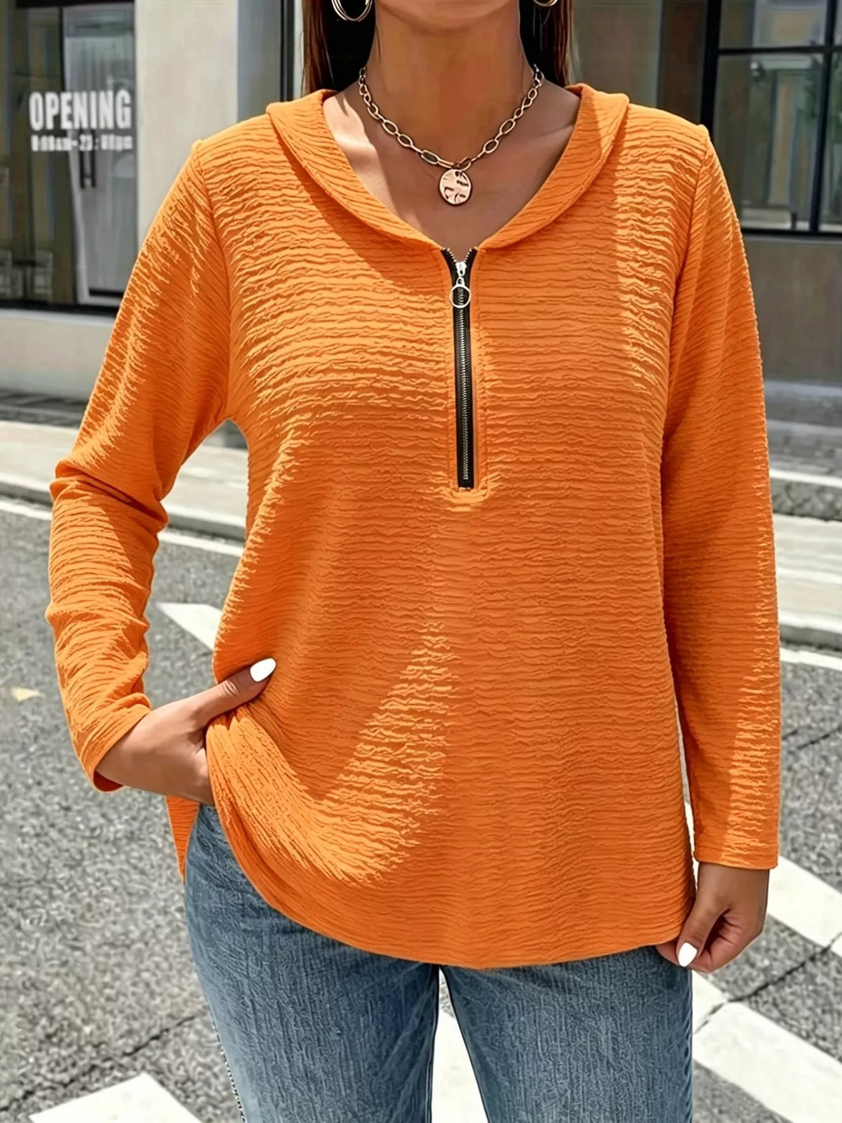 Stand-collar long sleeve blouse, front view on model