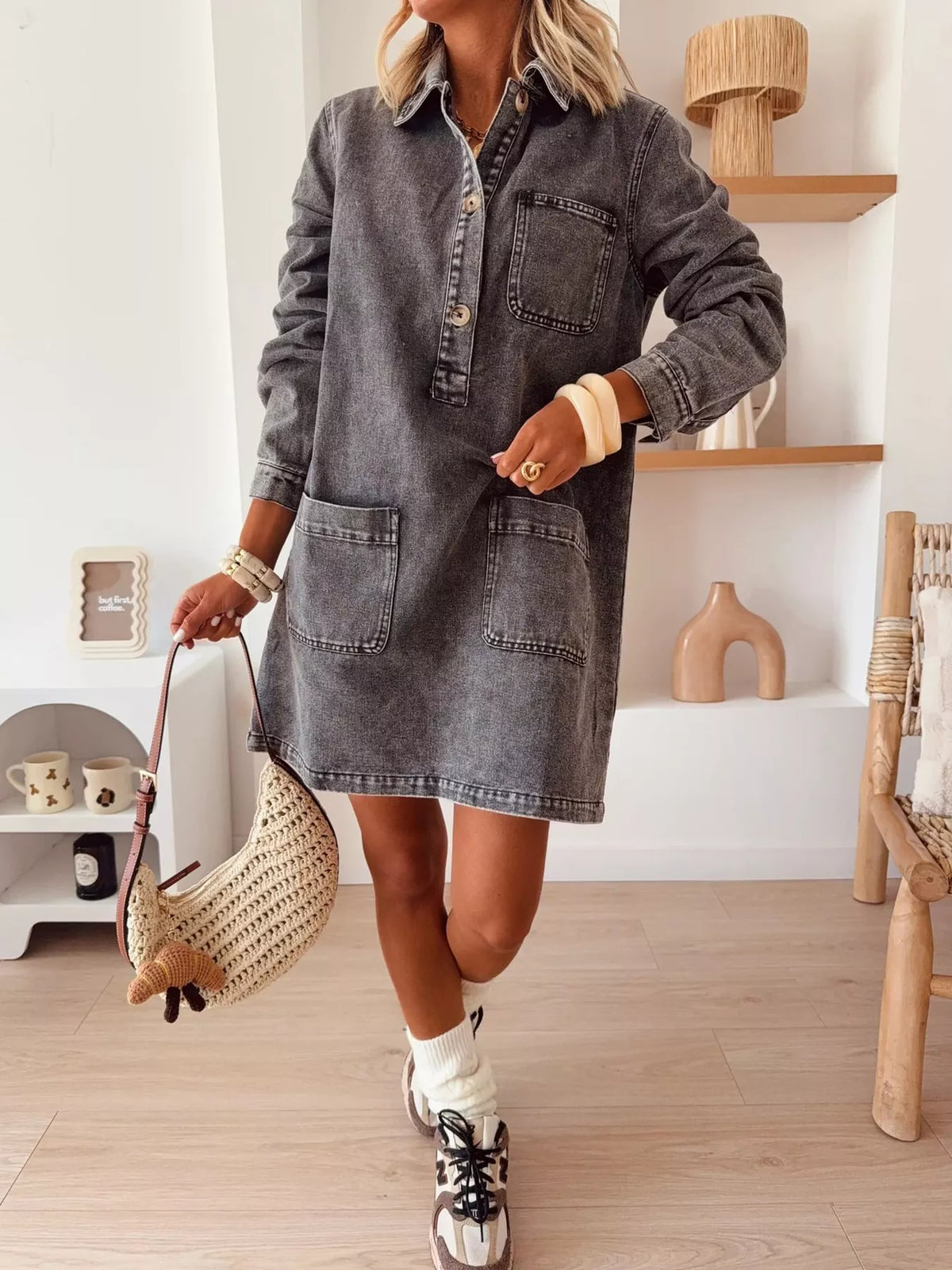 Denim shirt dress, gray full front