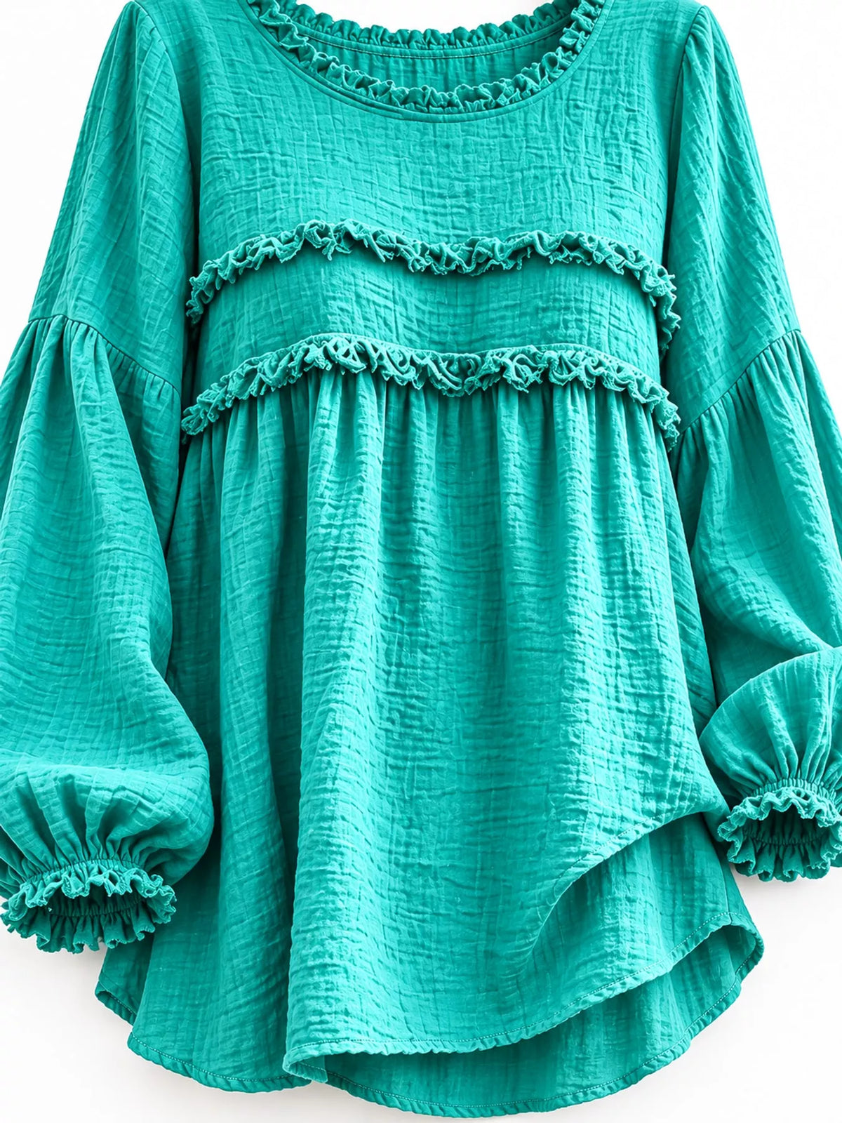 Turquoise textured frayed-trim peplum blouse, front detail