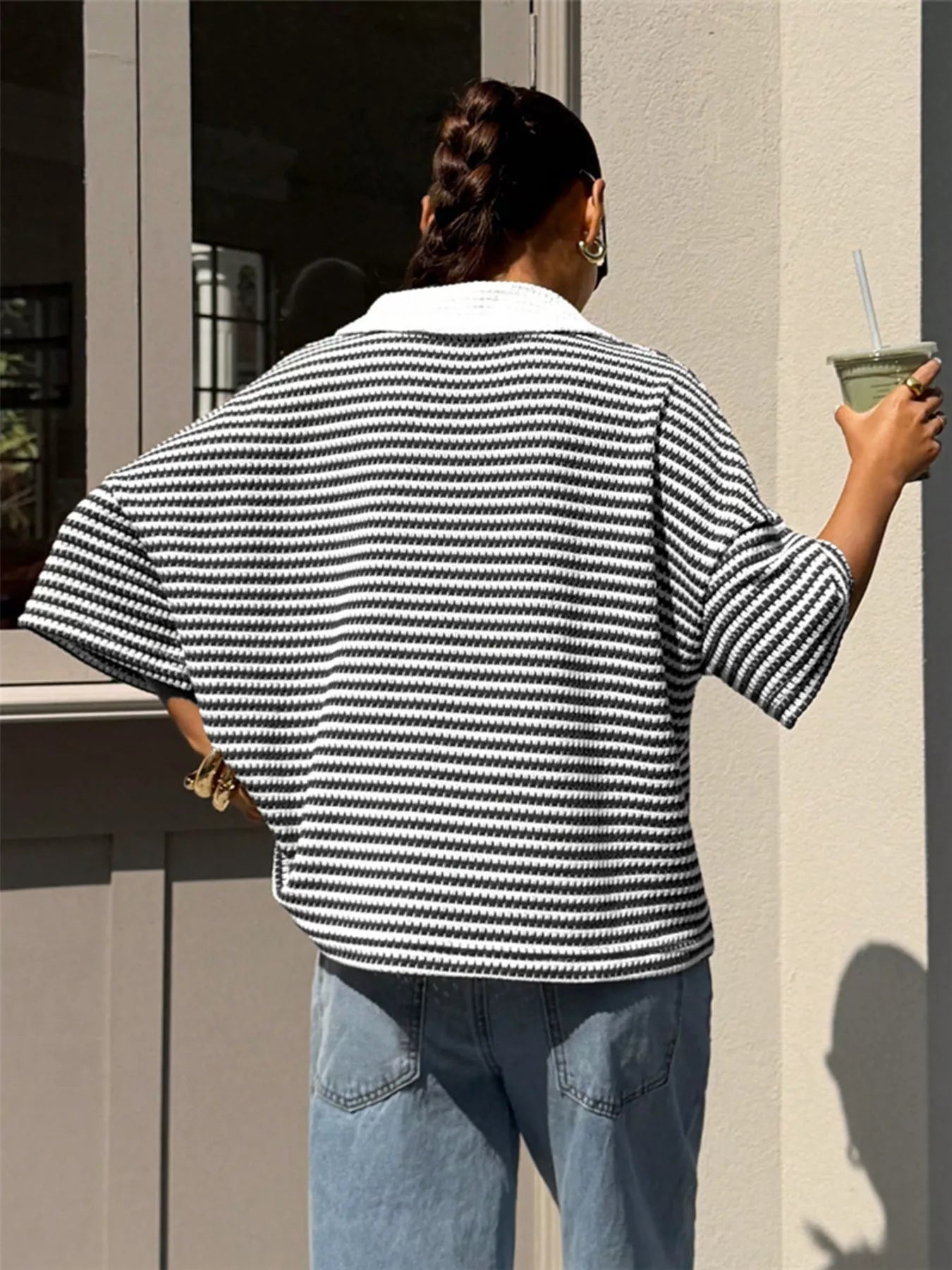 Trendsi Striped Knit 3/4 Sleeve Polo Top -