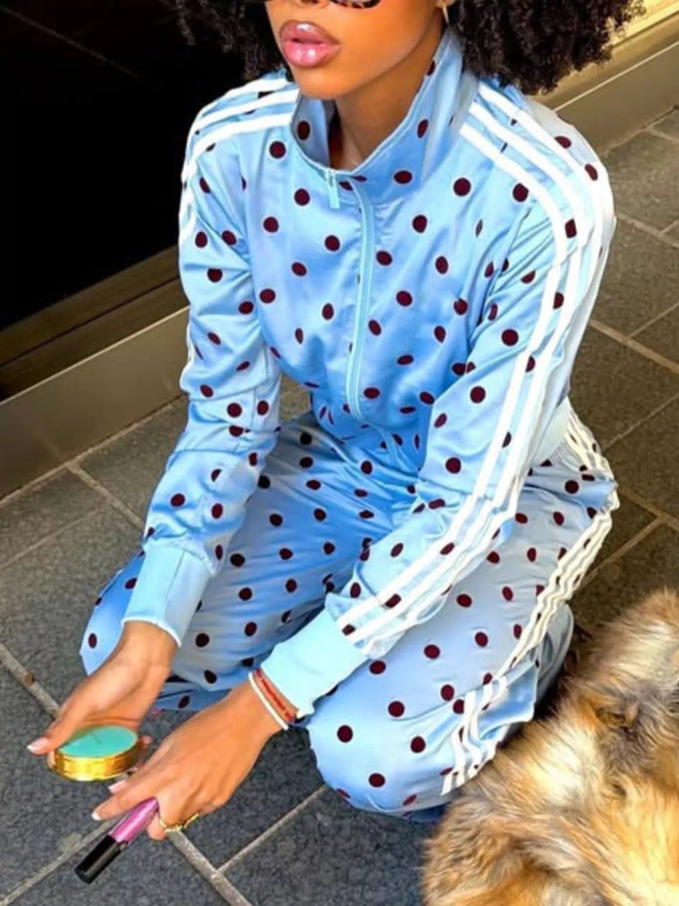 Trendsi Polka Dot Side Striped Outerwear and Pants Set -