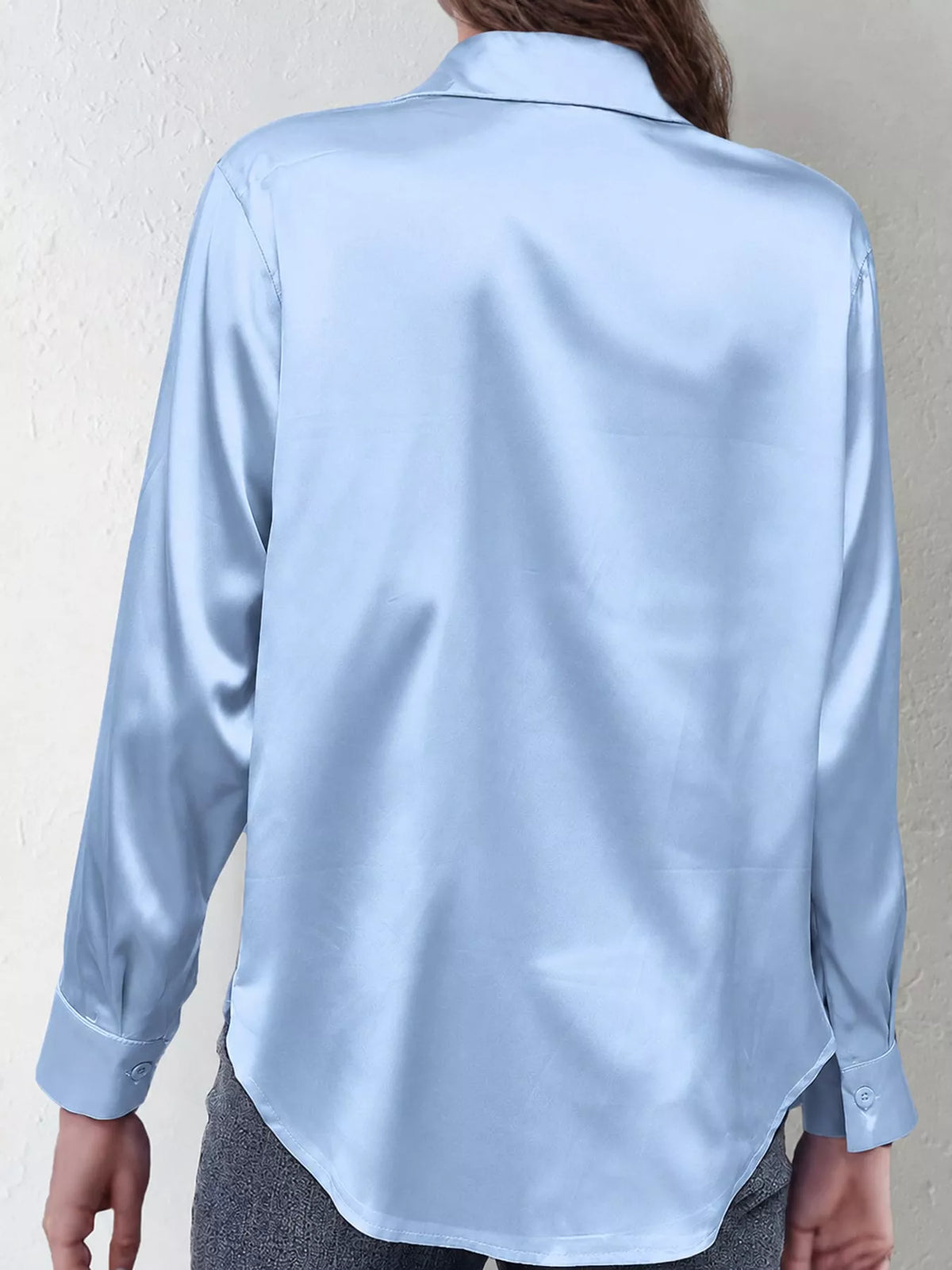 Light Blue satin button-down long sleeve shirt, back view