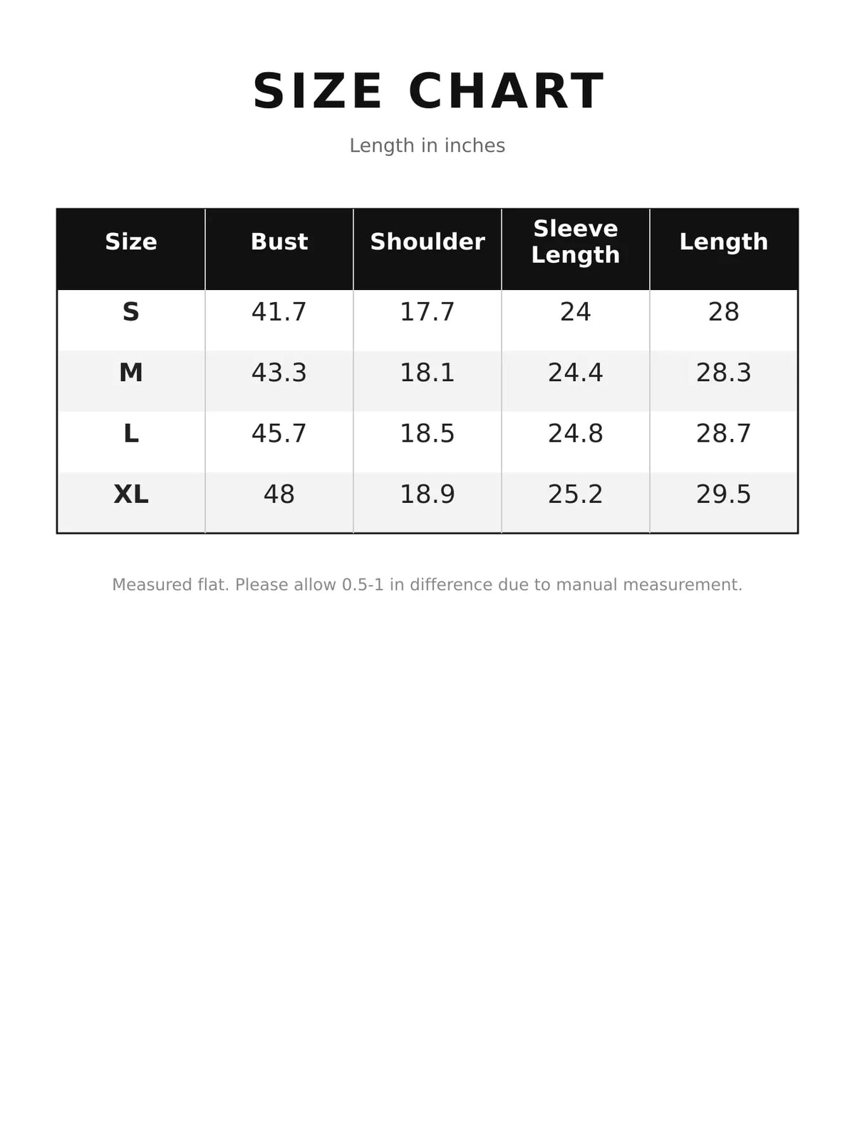 Size chart for button-up belted denim jacket