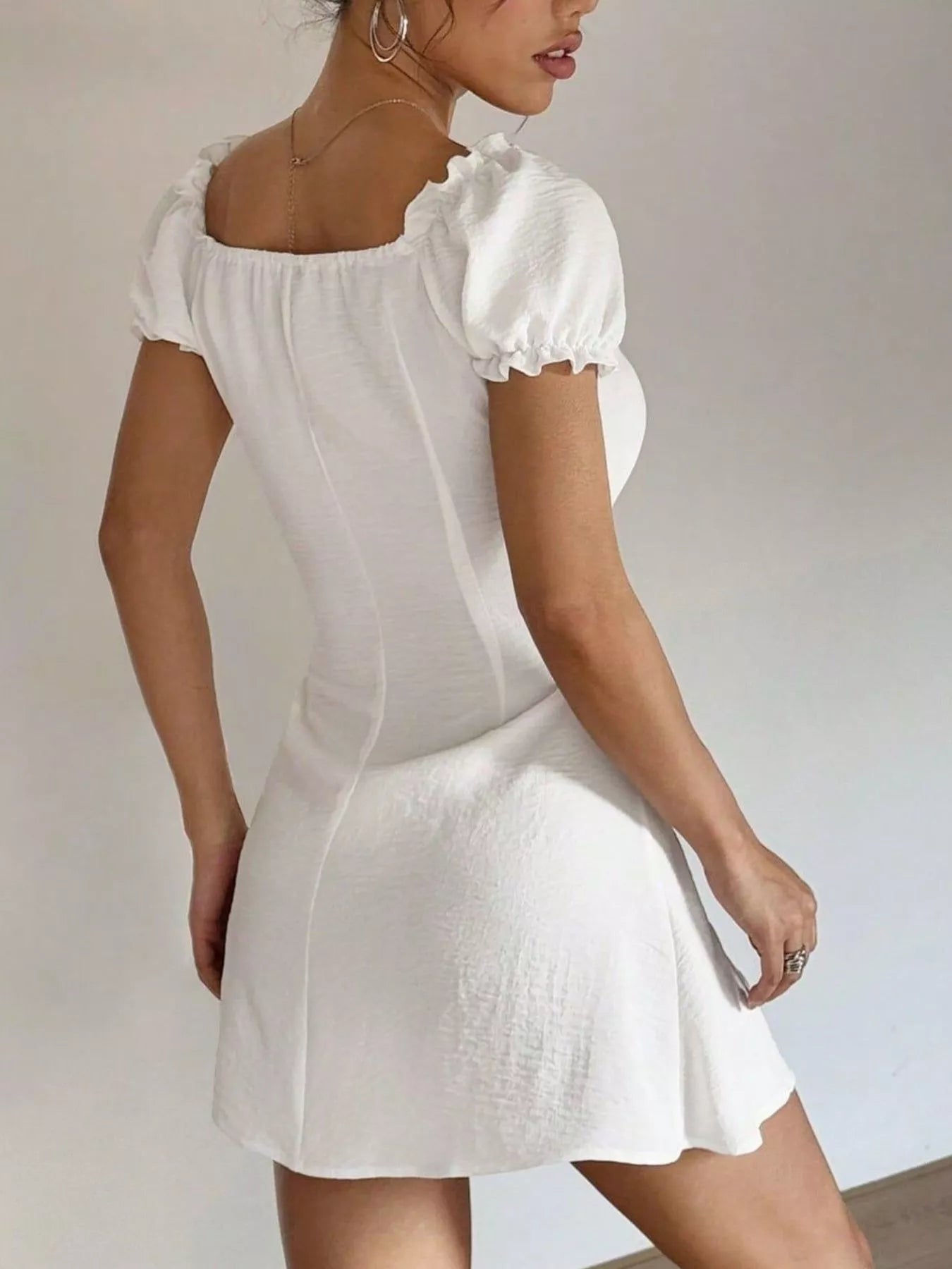 Trendsi Ruched Button-Front Puff Sleeve Mini Dress - Dresses