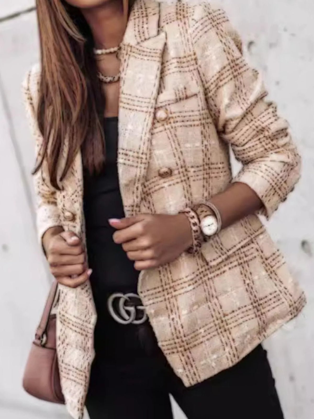 Plaid tweed-look double-breasted blazer