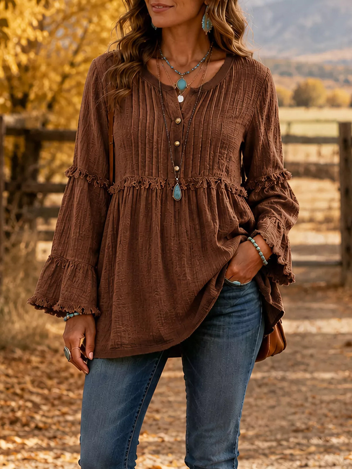 Trendsi Full Size Frill Notched Long Sleeve Blouse Plus Size -