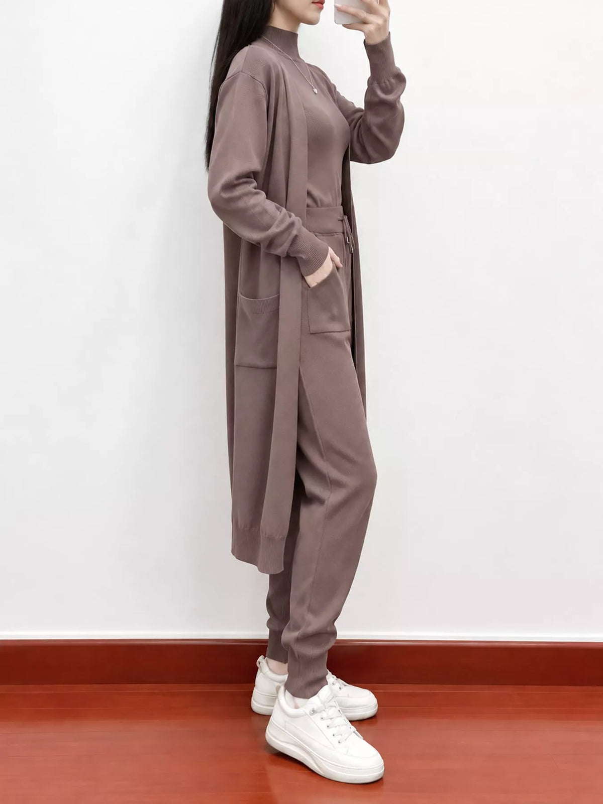Sleeveless Top and Drawstring Joggers Sweater Set with Long Cardigan — side view
