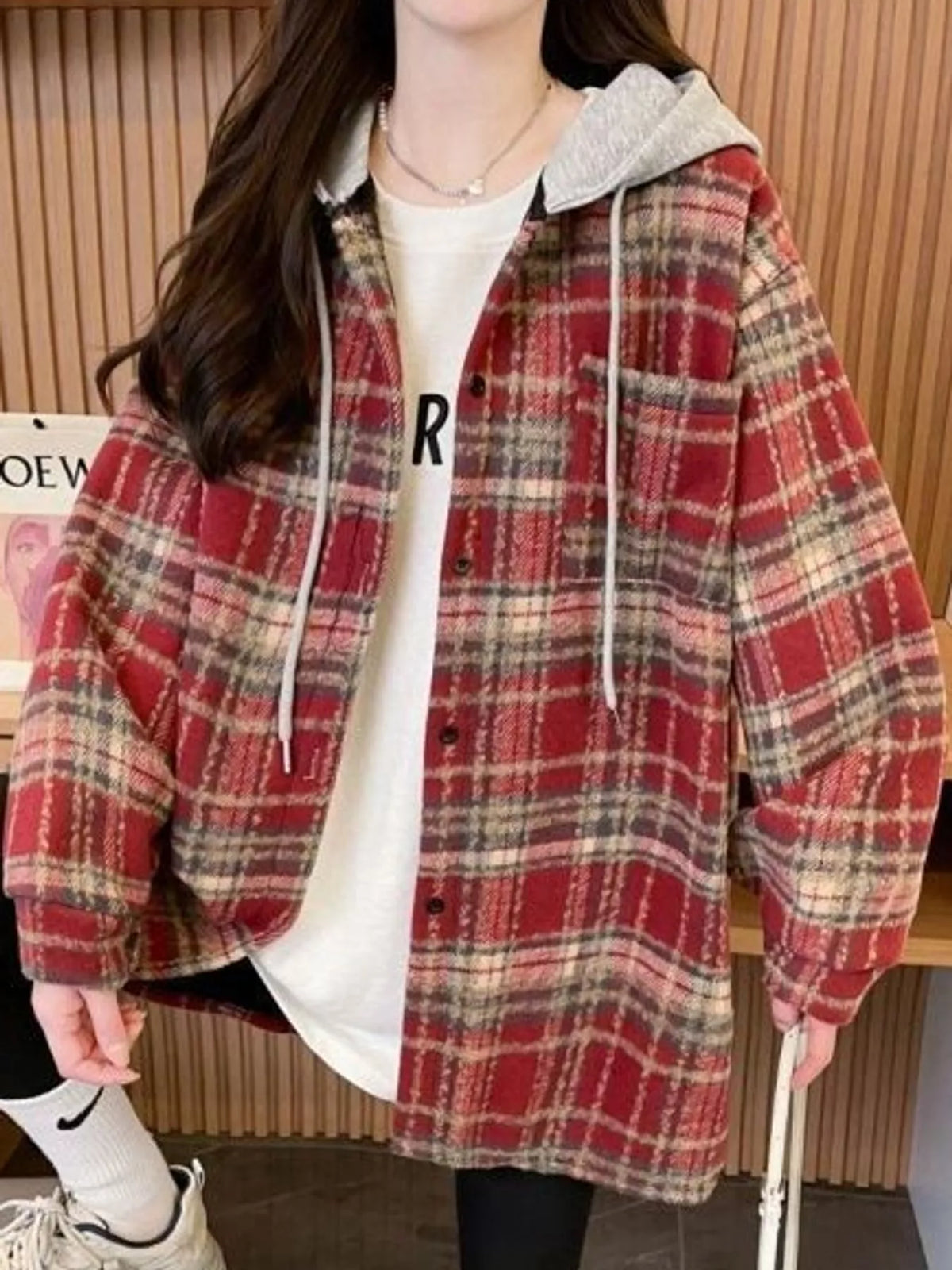 Red plaid button-up hooded shacket