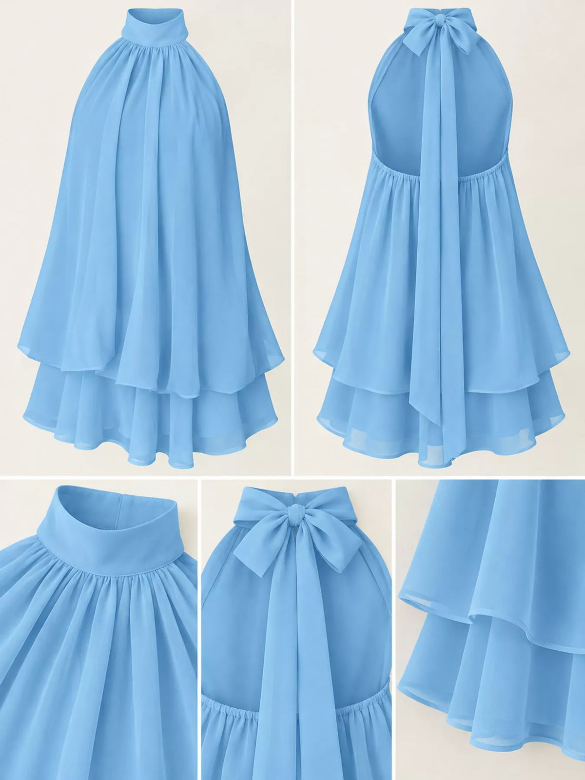 Blue halter neck layered mini dress, front, back and detail collage