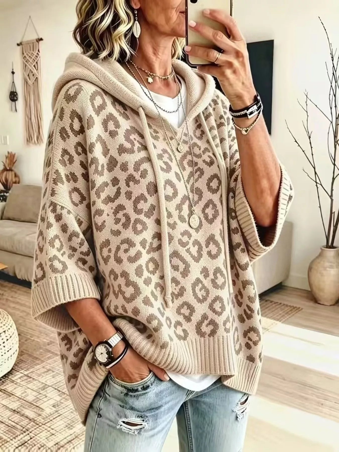 Trendsi Drawstring Leopard Hooded Sweater -