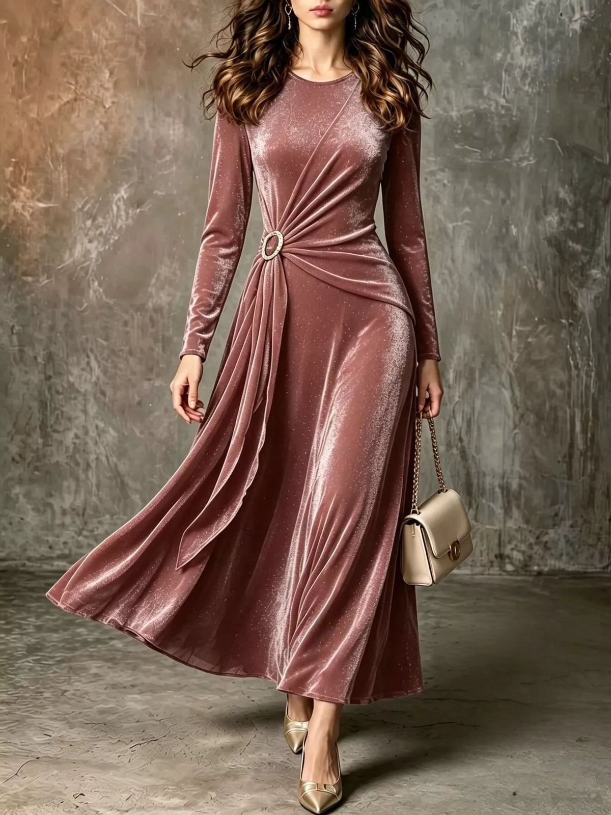 Pink velvet ring-detail maxi dress, full front view