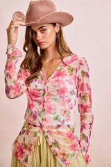 Trendsi BiBi Floral Shrried Detail Button Up Mesh Cardigan Top -