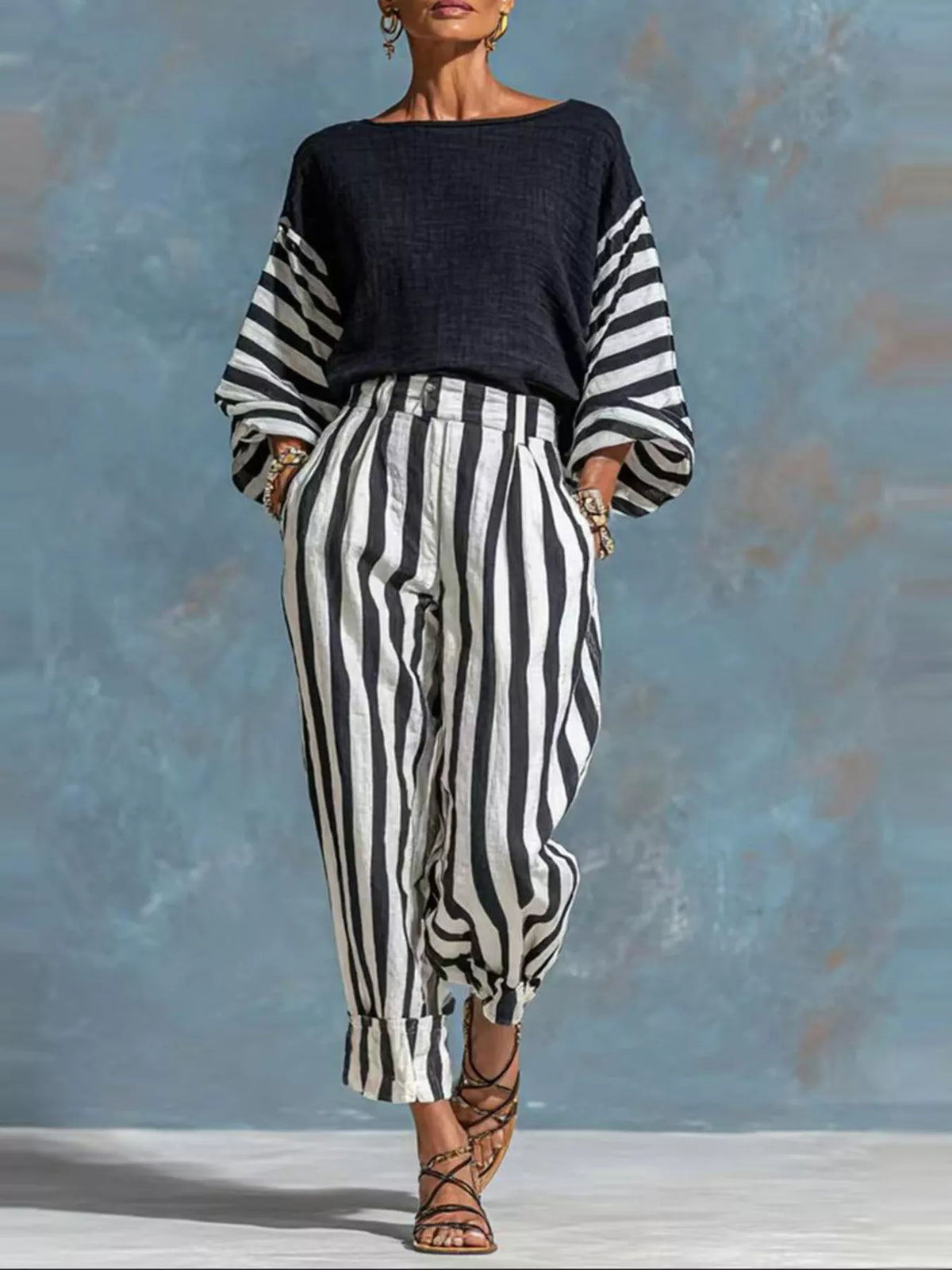 Trendsi Striped Long Sleeve Top and Pants Set -