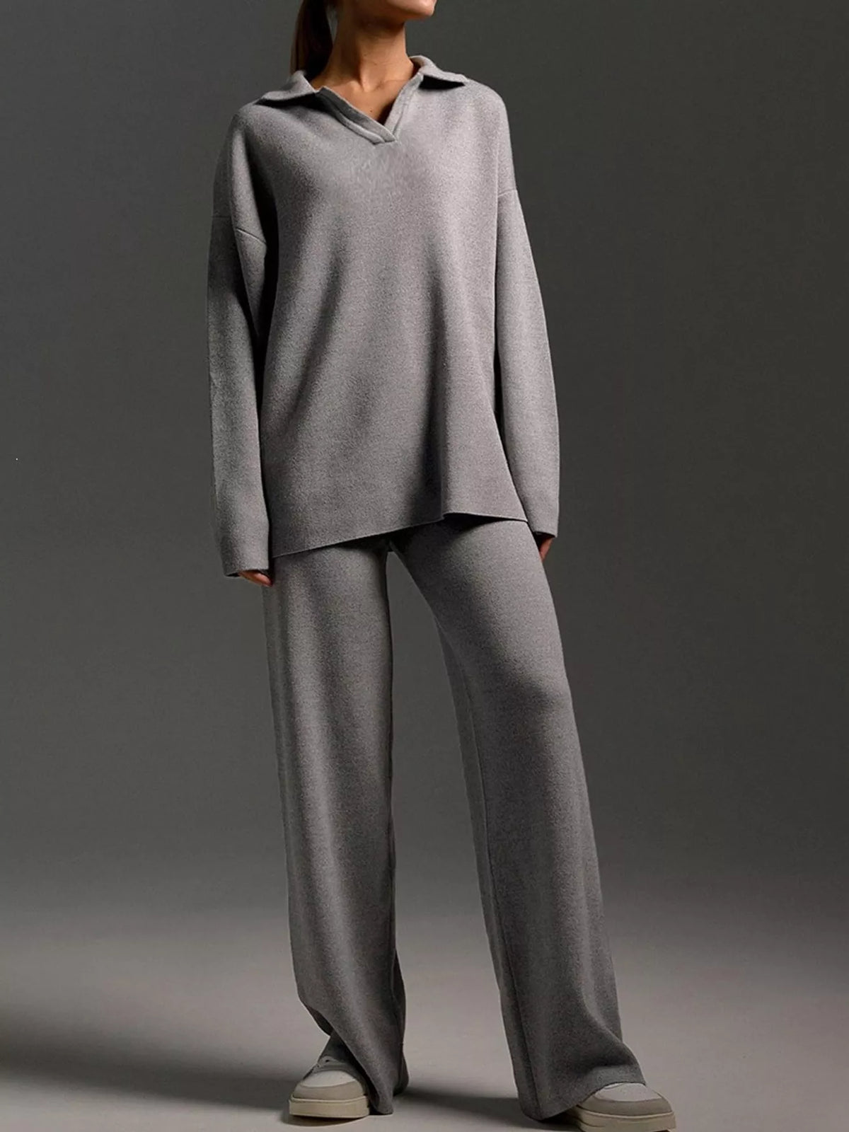 Polo top and pants set, gray full front