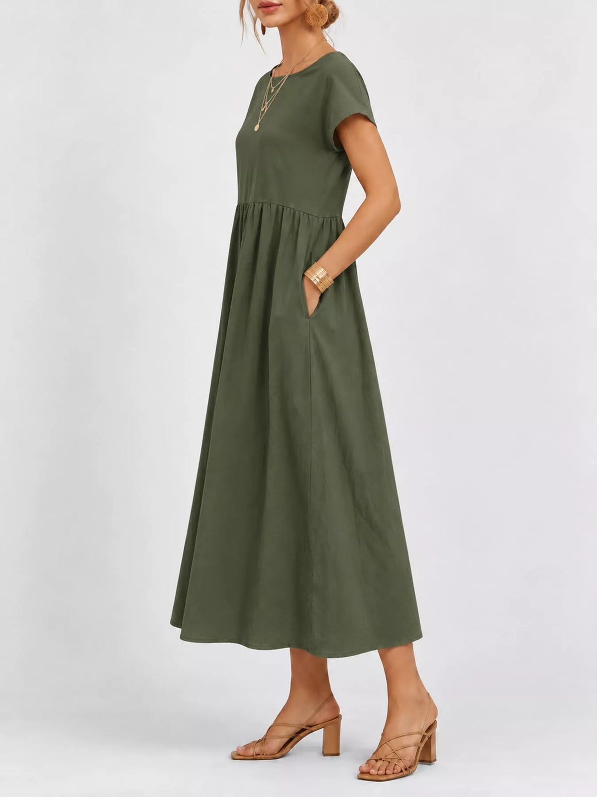 Round neck short sleeve midi dress, side view