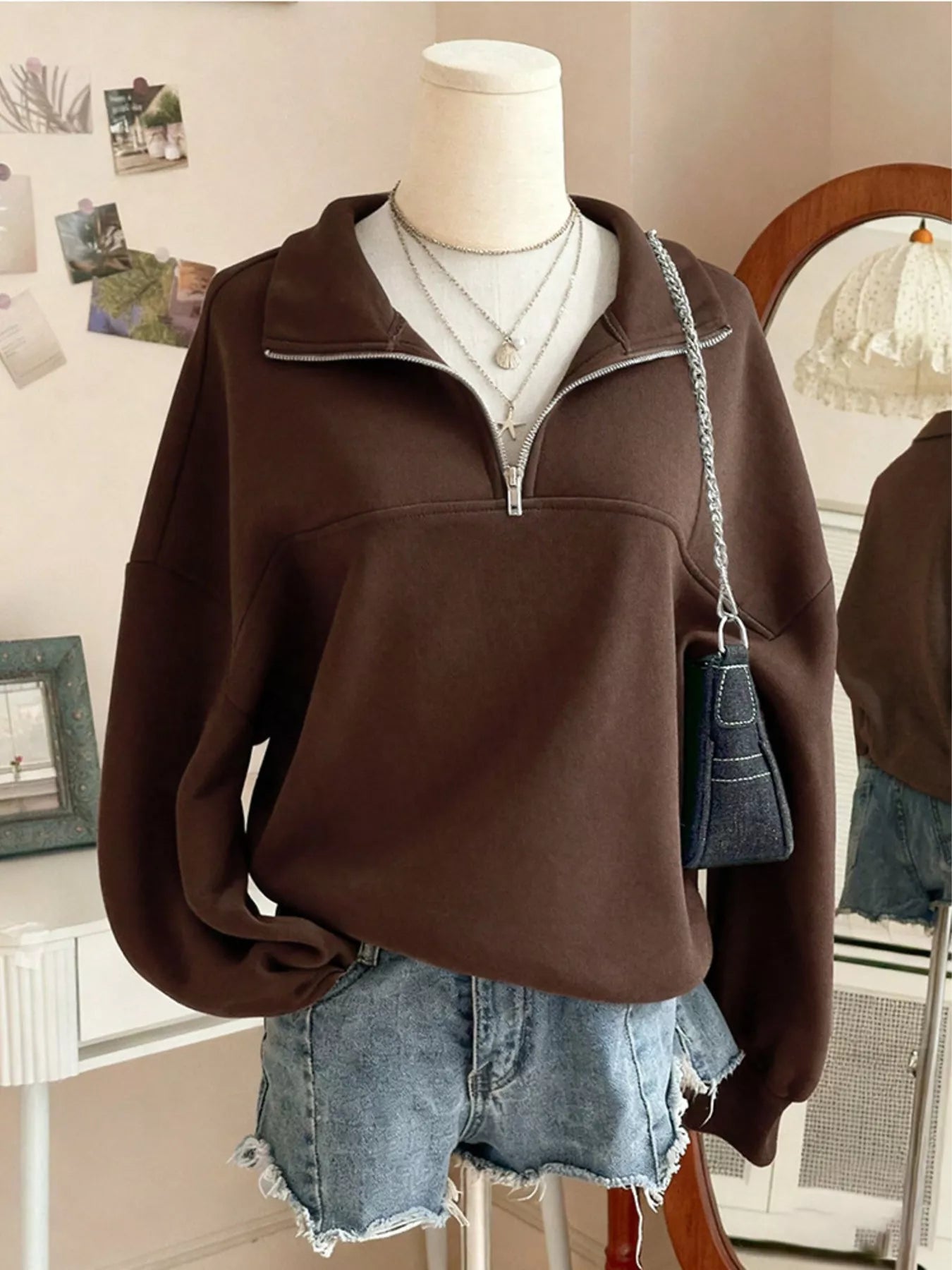 Trendsi Quarter-Zip Dropped Shoulder Sweatshirt -
