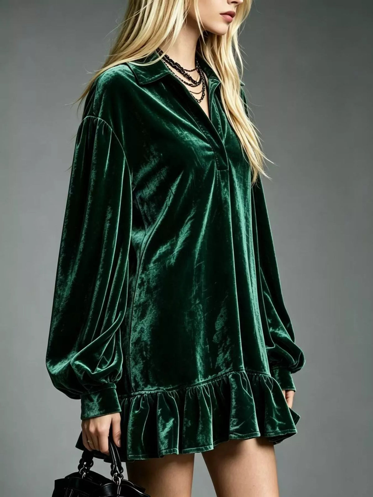 Dark Green Velvet Long Sleeve Ruffle-Hem Mini Dress side view