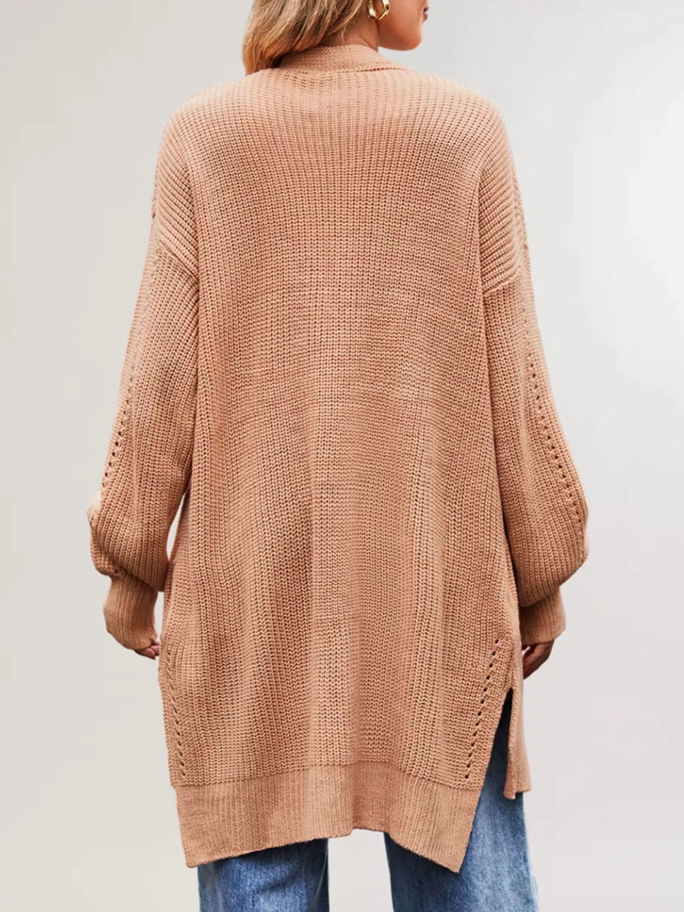 Trendsi Open Front Openwork Knit Longline Cardigan -