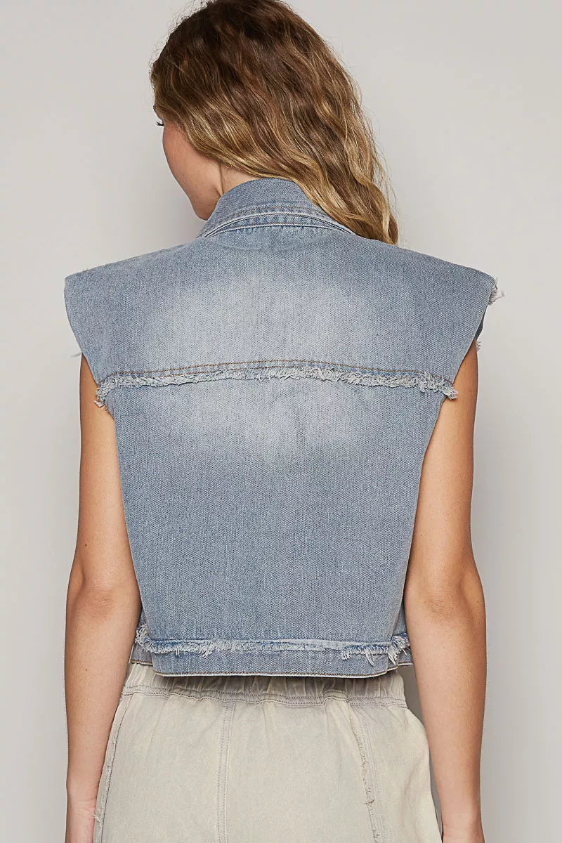 Women's Distressed Denim Vest With Asymmetrical Button Front — product view 6