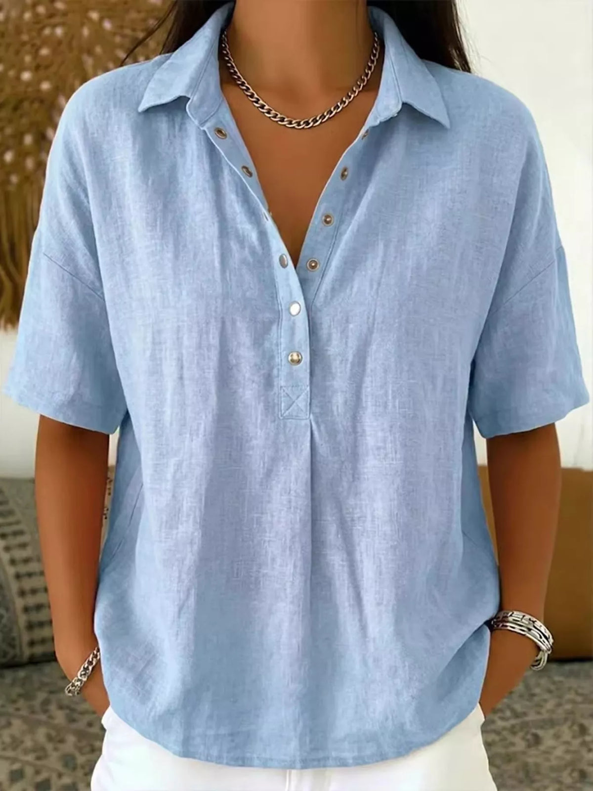 Snap Down Shirt in light blue, front view