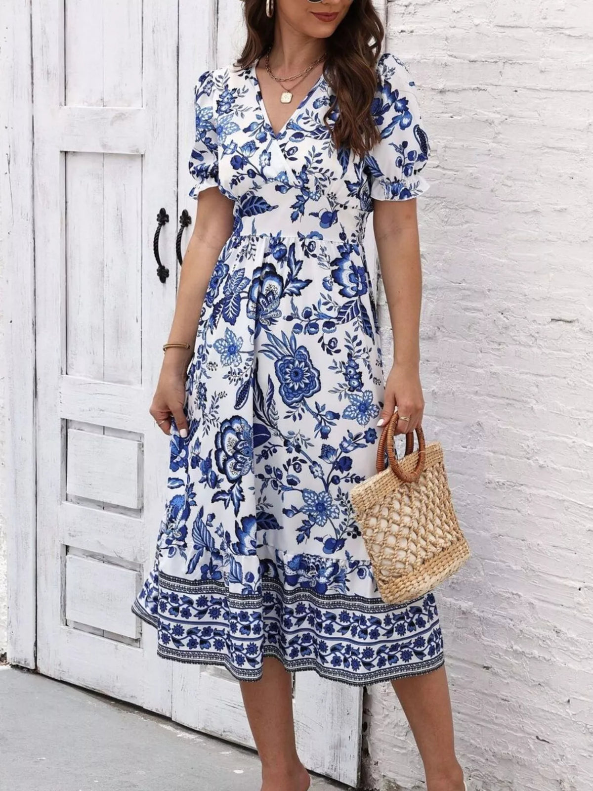 Trendsi Floral Print Puff Sleeve Wrap Midi Dress -