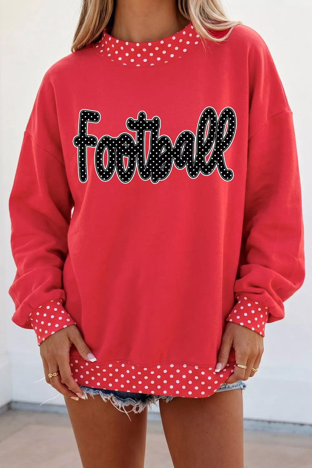 Polka-Dot Trim Football Graphic Sweatshirt in Deep Red