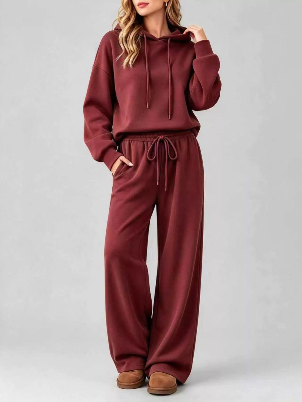 Burgundy dropped shoulder hoodie and wide-leg pants set