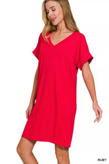 Trendsi Zenana Brushed Dty Rolled Short Sleeve V-Neck Dress -