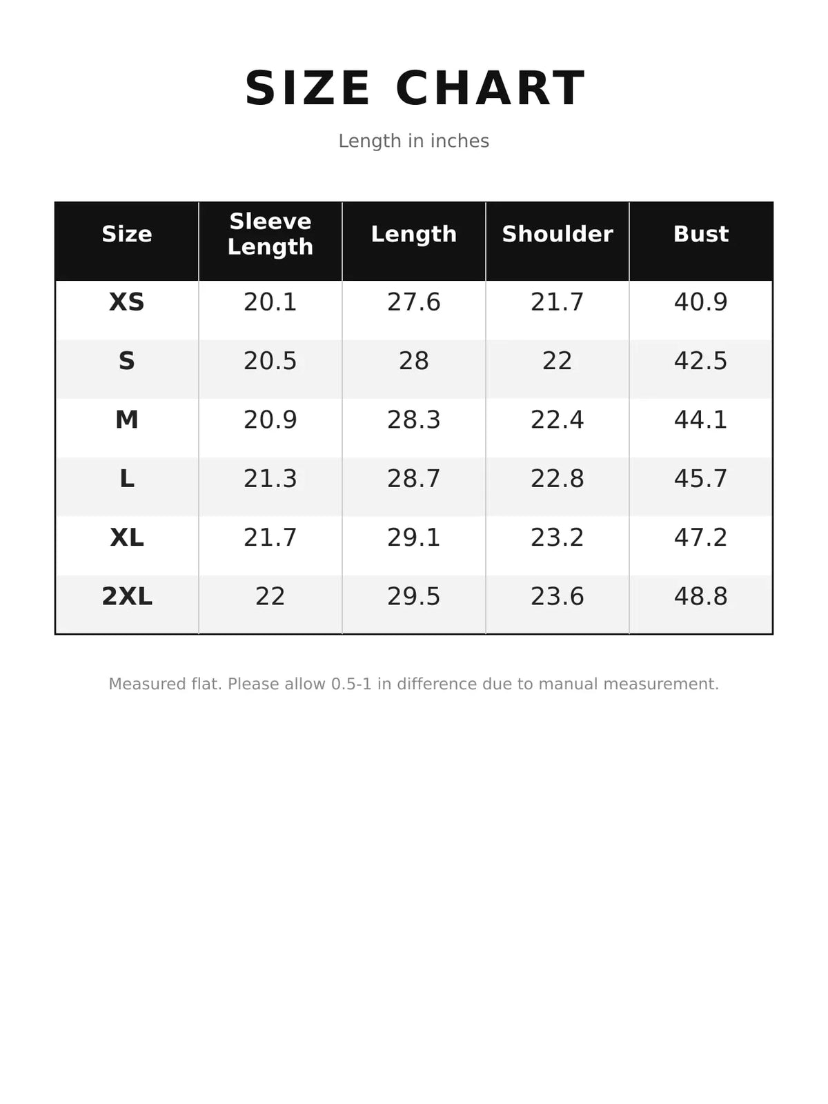 Size chart for faux fur long sleeve coat