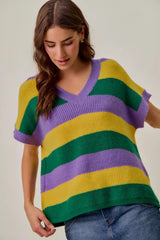 Trendsi SO ME Mardi Gras Loose Fit V Neck Stripe Sweater Top -