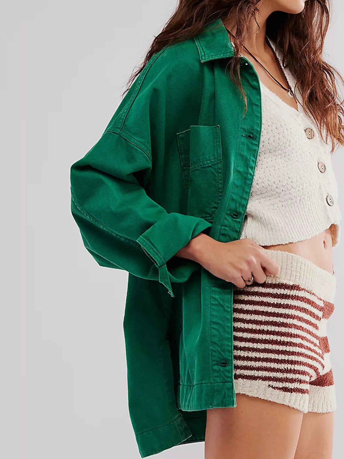 Green button up long sleeve denim jacket