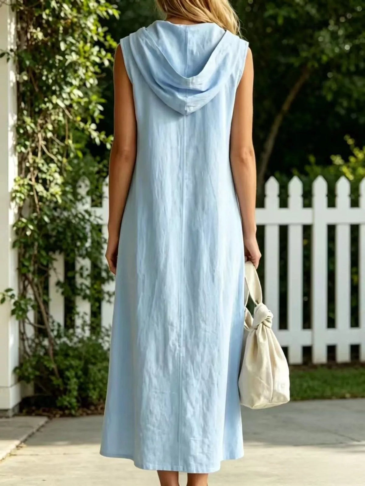 Light blue sleeveless hooded dress, back view
