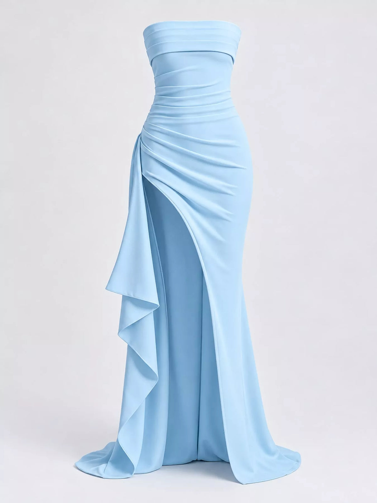 Light blue strapless high slit bodycon maxi evening dress, front view