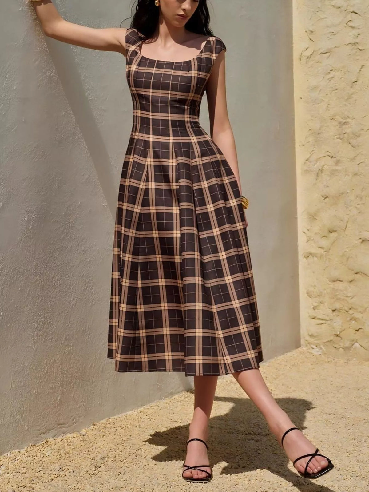 Square neck plaid midi dress