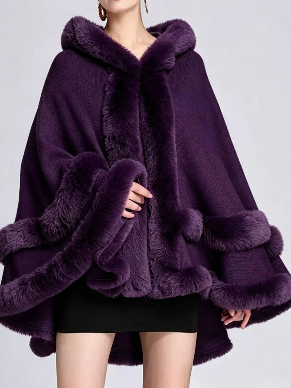 Faux-fur-trim cape, purple front