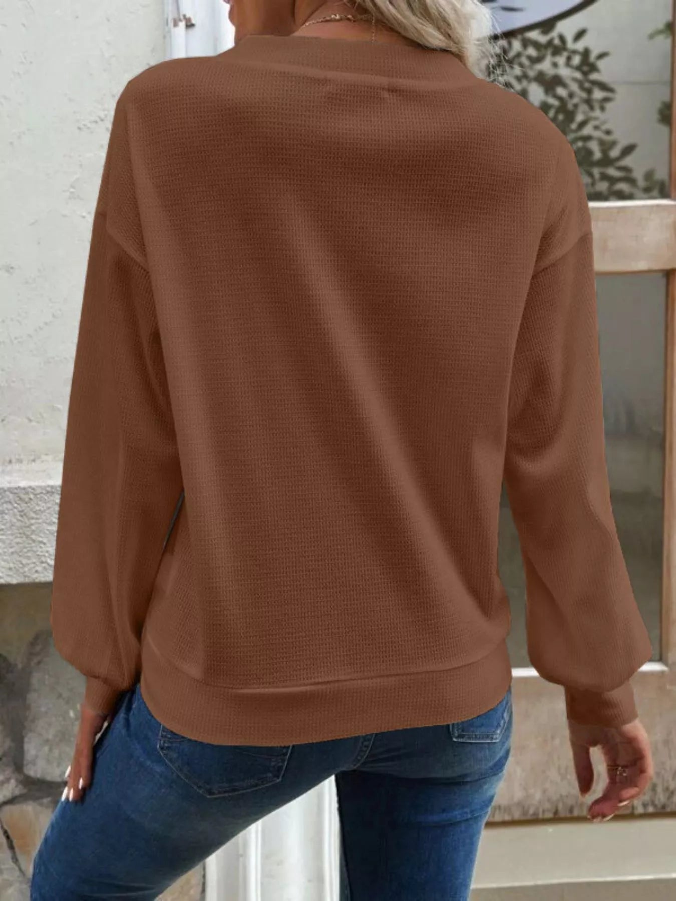 Trendsi Casual V-Neck Waffle Long Sleeve Top -
