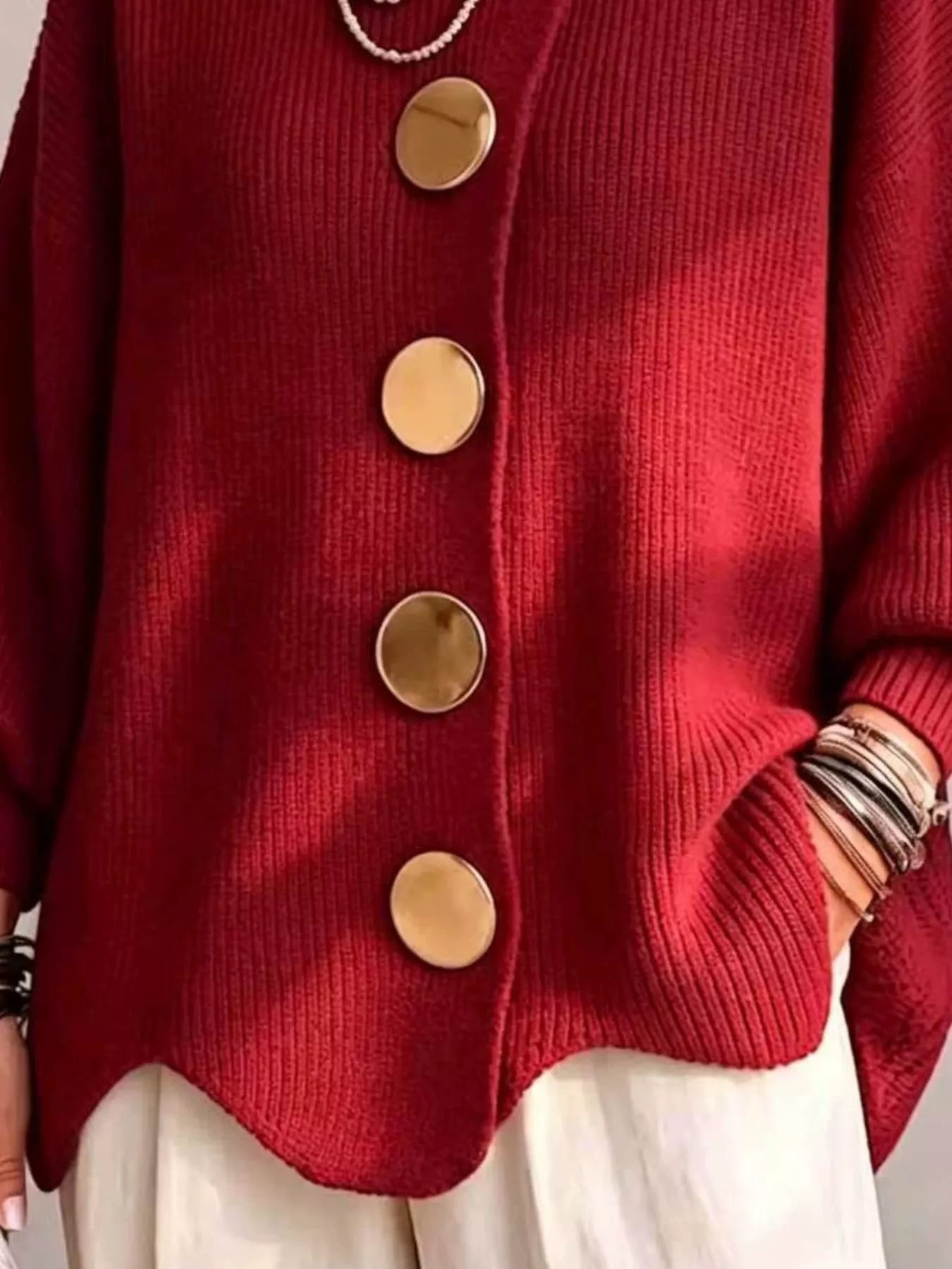 Trendsi Full Size Gold Buttons Lantern Sleeve Cardigan Plus Size -