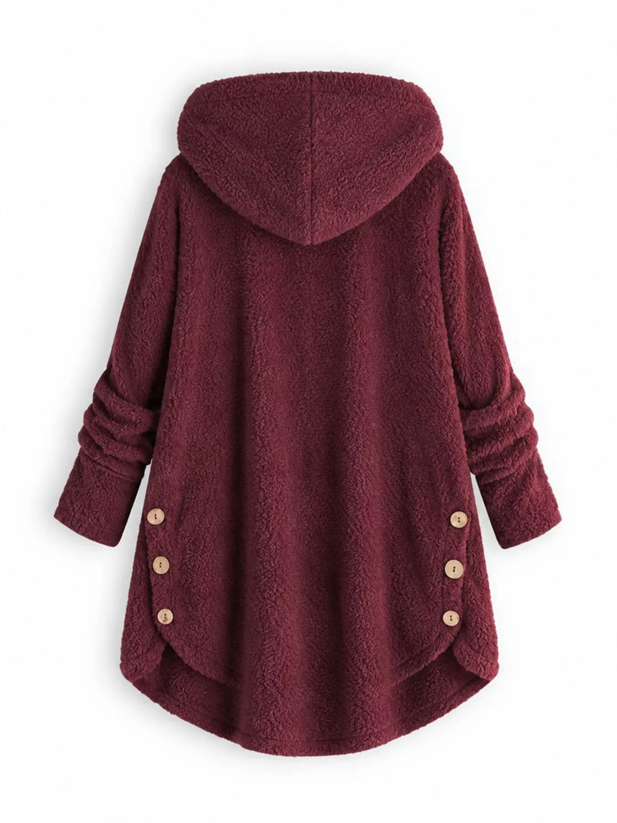 Burgundy fleece button-up hooded jacket with curved high-low hem, back view