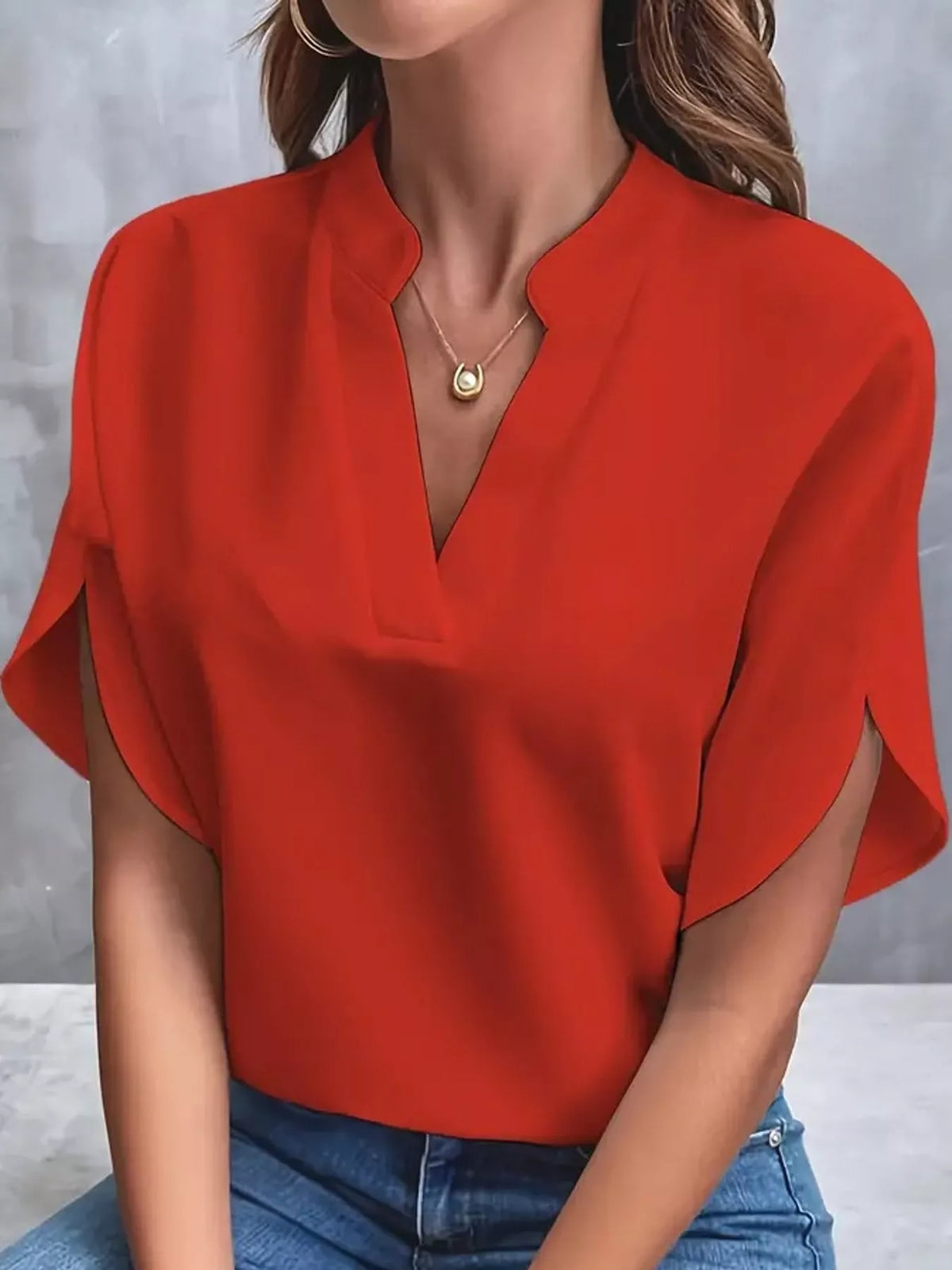 Women's Notched Slit Short Sleeve Blouse in red — front view