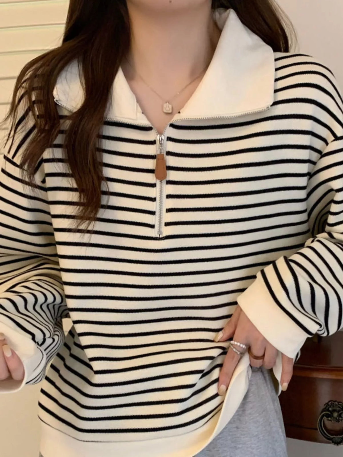 Striped Quarter-Zip Pullover Sweatshirt in cream and black