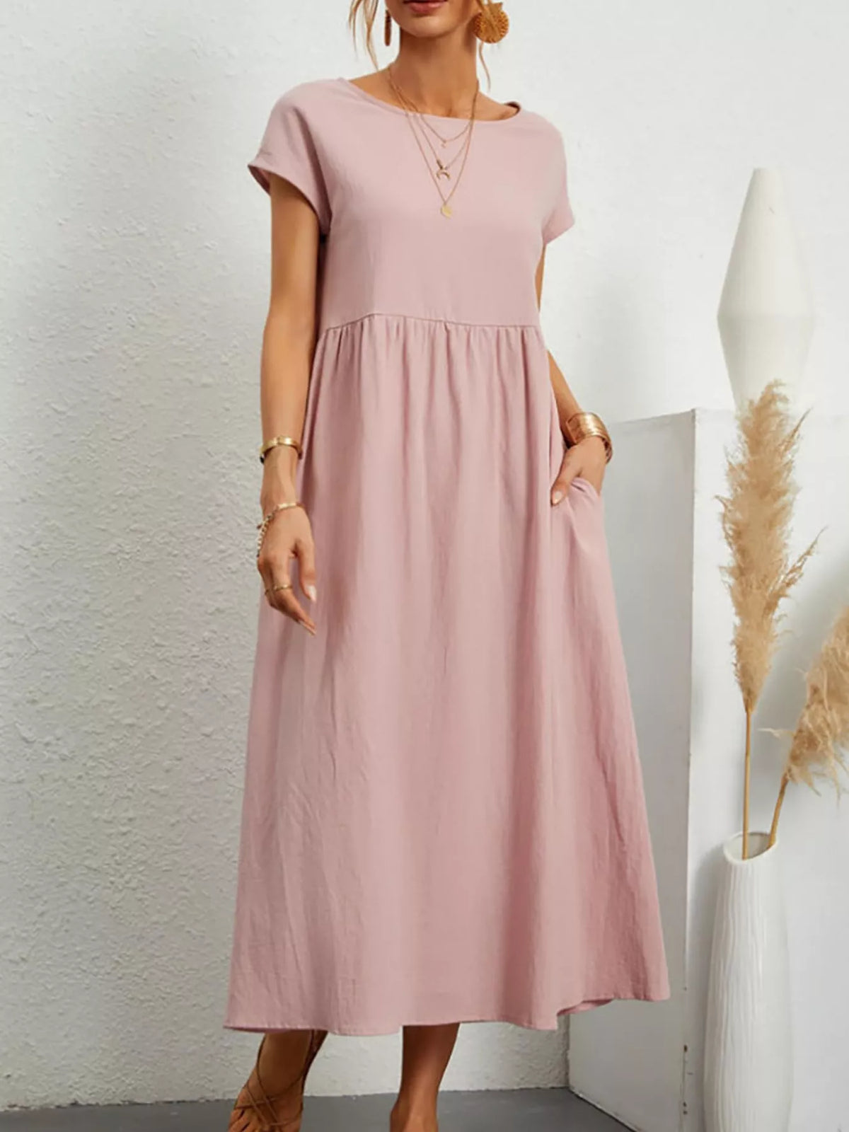 Round neck short sleeve midi dress, front view on model