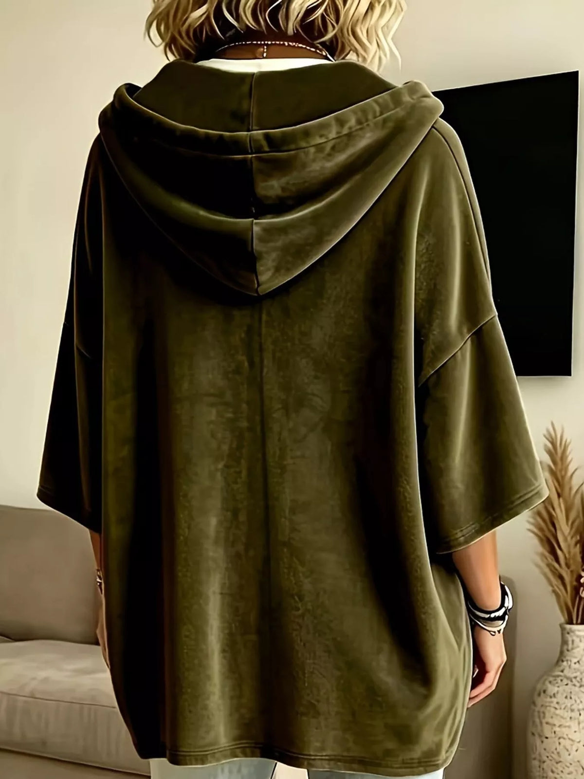 Velvet Button Hoodie in olive green, back view