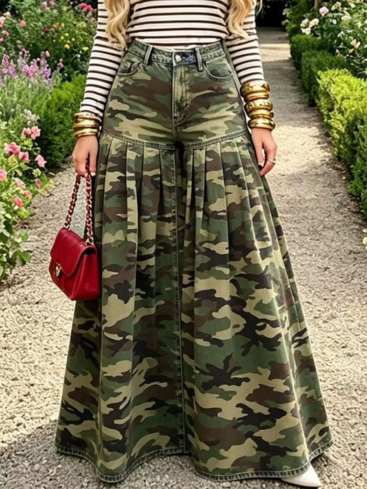 Green camouflage high-waisted camouflage wide-leg jeans — front view