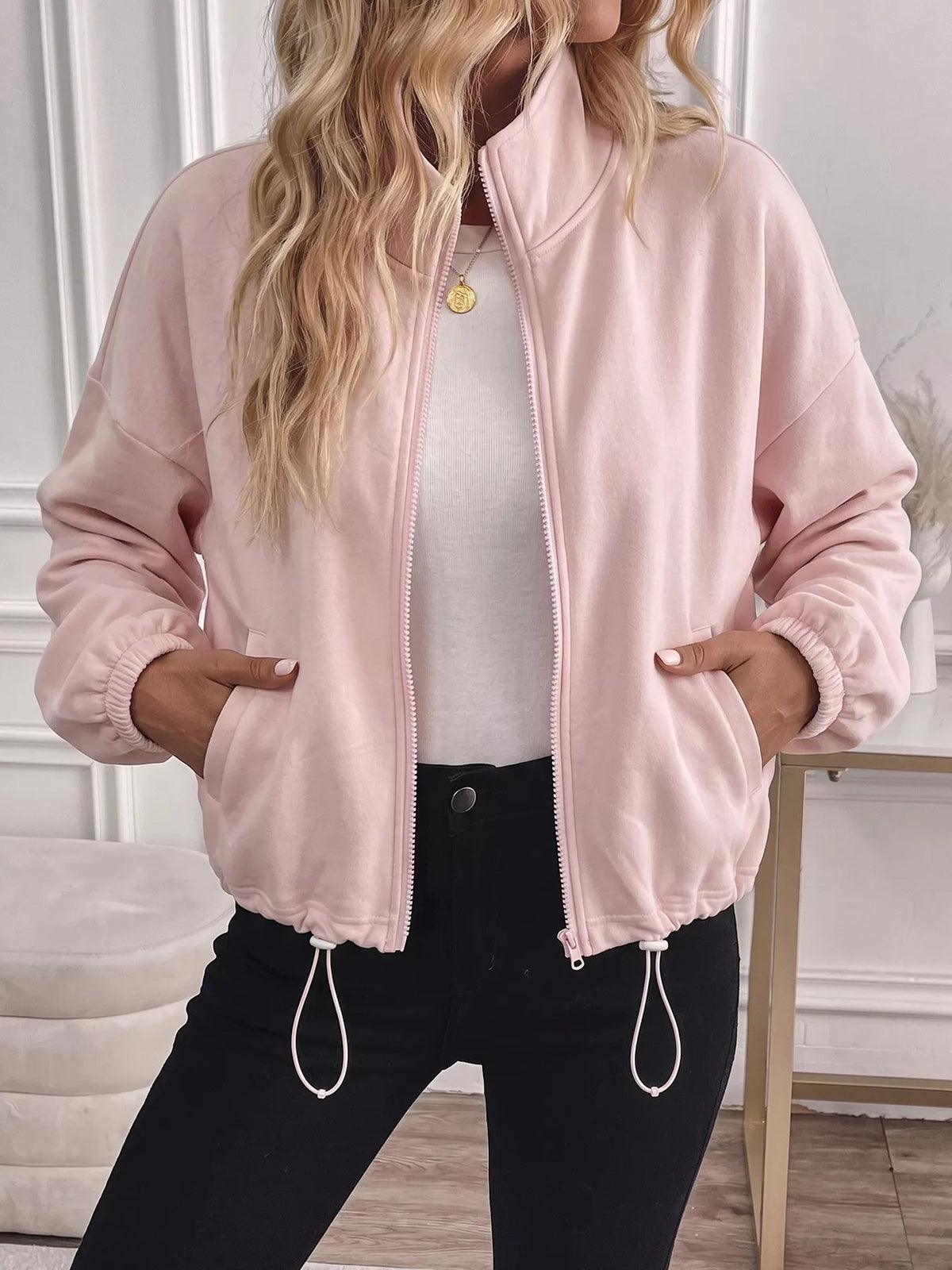Zip-Up Drawstring Hem Sweatshirt — front view