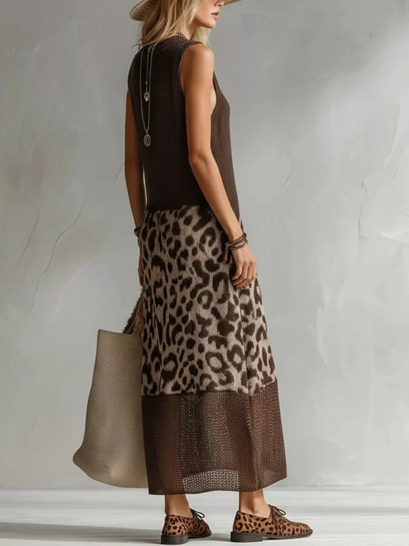 Trendsi Full Size Sleeveless Color-Block Leopard Sweater Dress Plus Size -
