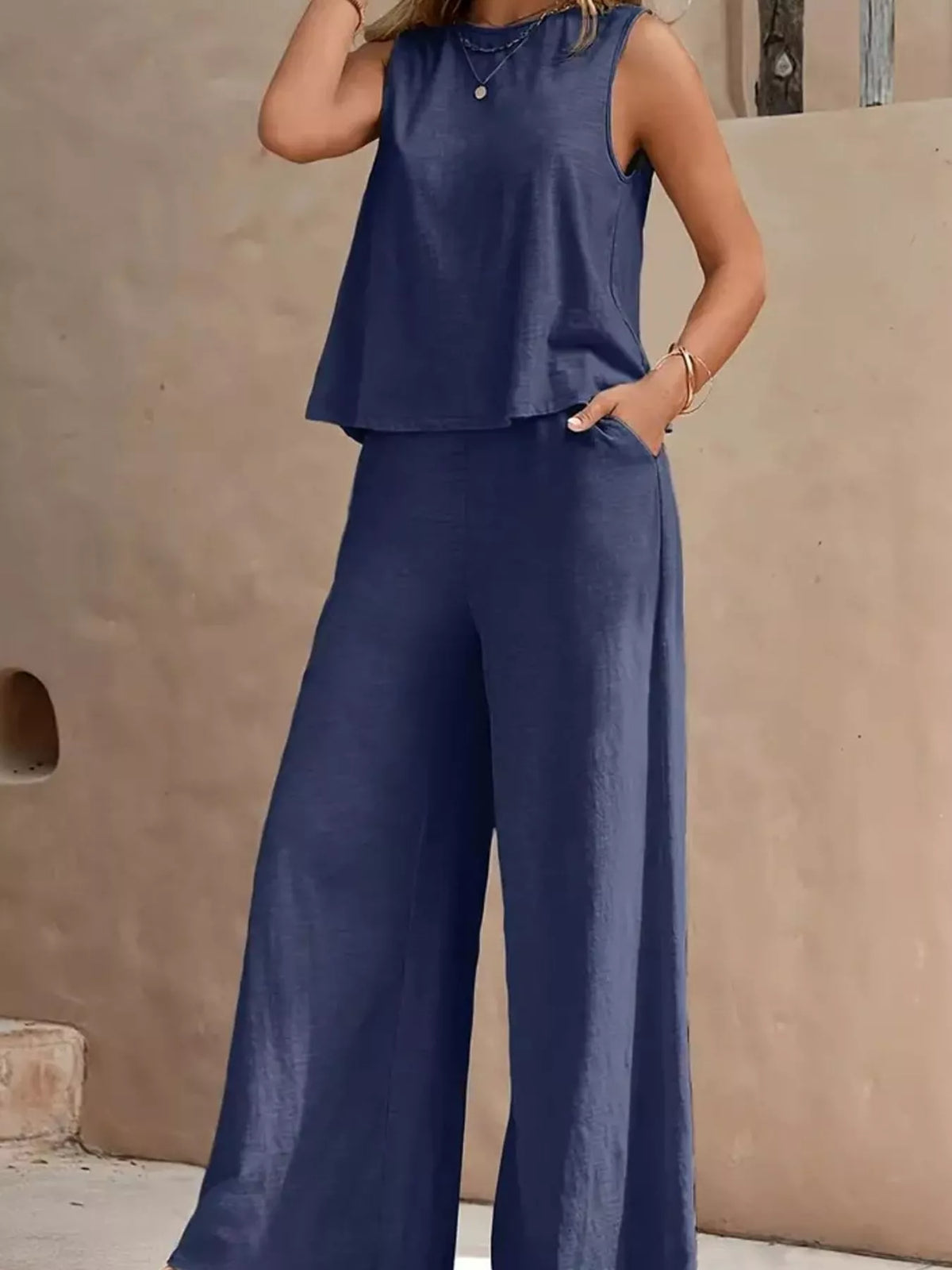Sleeveless Tank Top and Wide-Leg Pants Set — front view