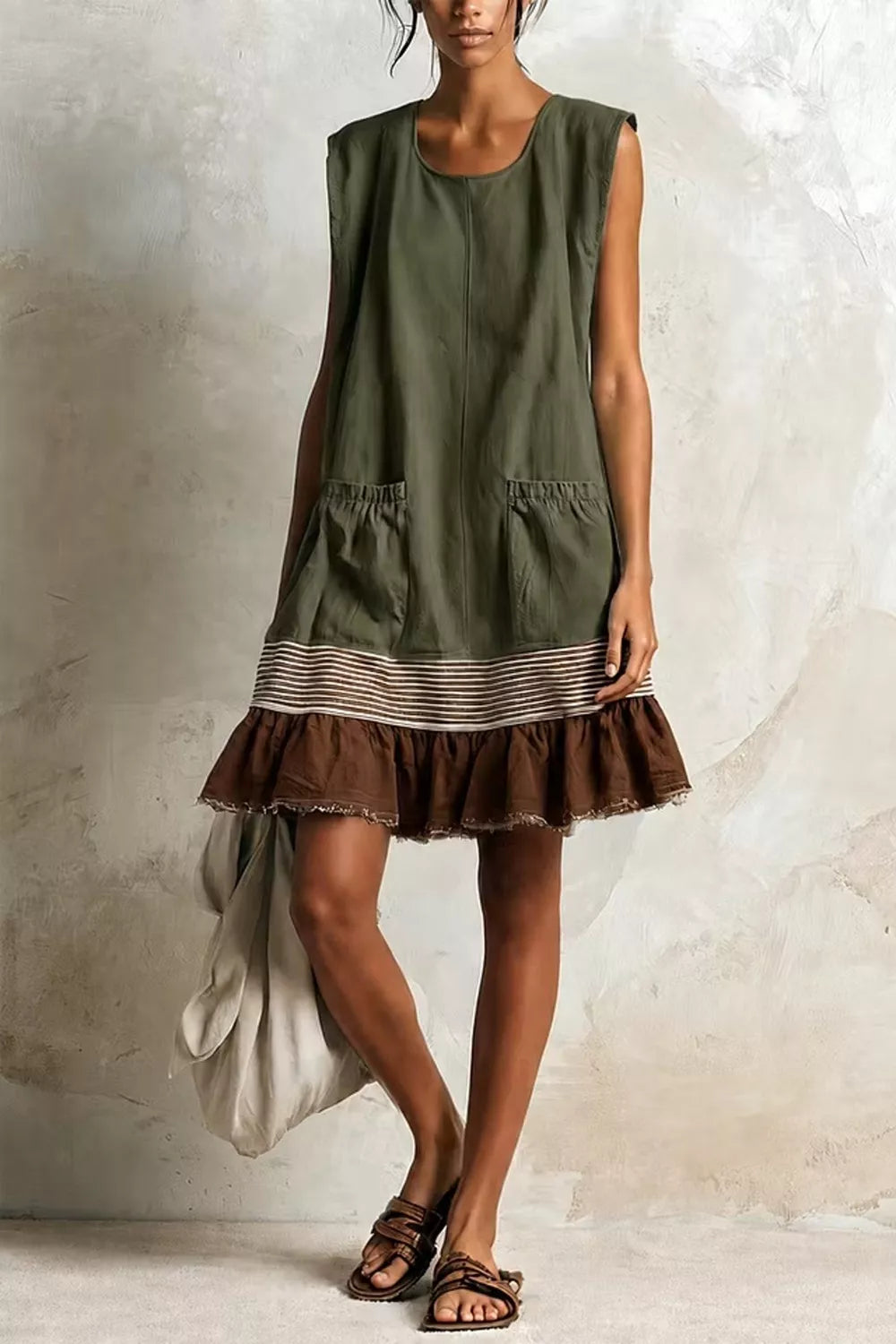 Olive and brown ruffled-hem sleeveless dress, front view